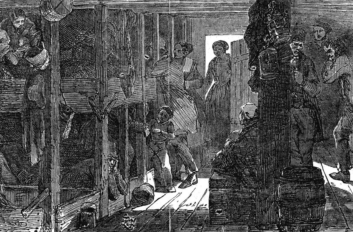 Black and white wood engraving of cramped conditions below deck in a ship, double rows of beds, passengers hunched over, clothing and belongings strewn about.