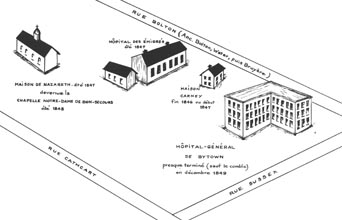 Black and white diagonal illustration of street map, one block with five buildings, including church with steeple, 2 two storey buildings with windows, 1 outbuilding, and on L-shaped three storey building.