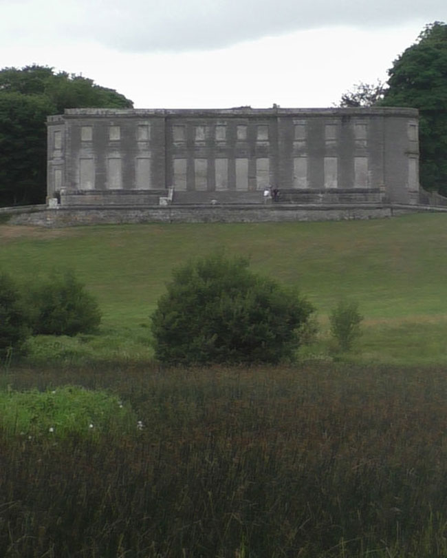 Stately grey building facade, boarded up windows, on hill in middle distance. Vegetation and bushes in foreground.