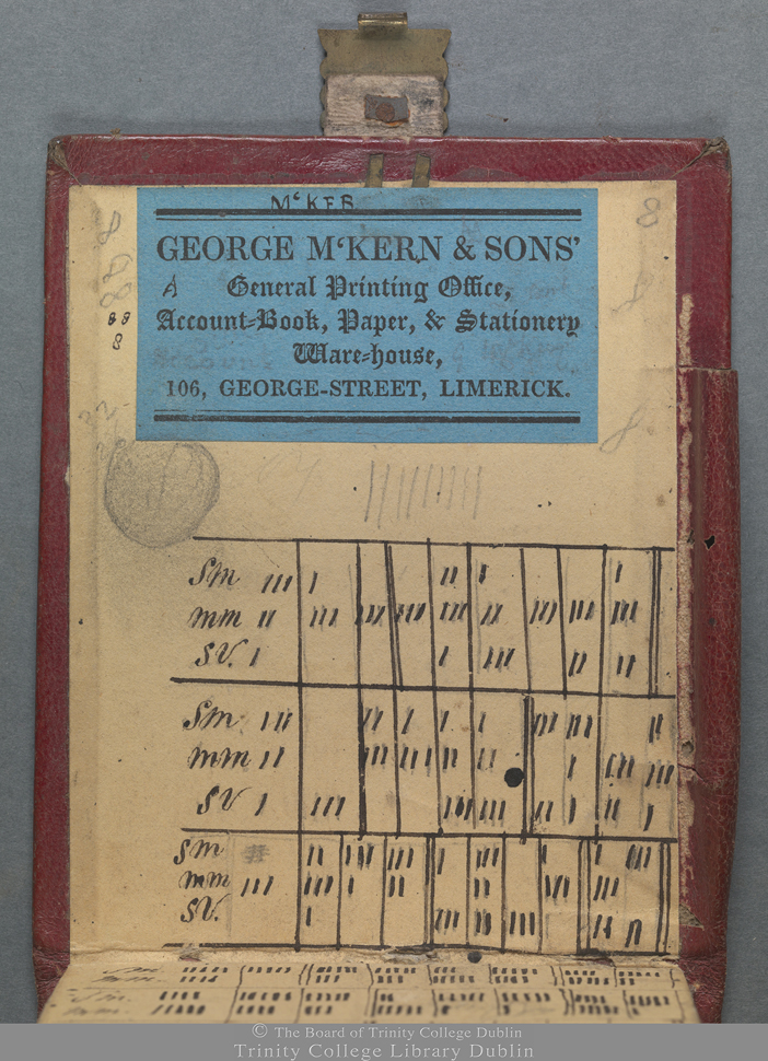 Photograph of inside cover of small journal. Label on blue paper for: George M’Kern & Sons. General Printing Office, Account-Book, Paper, & Stationery Warehouse. 106, George-Street, Limerick.  Numerous vertical black marks entered onto pages in columns