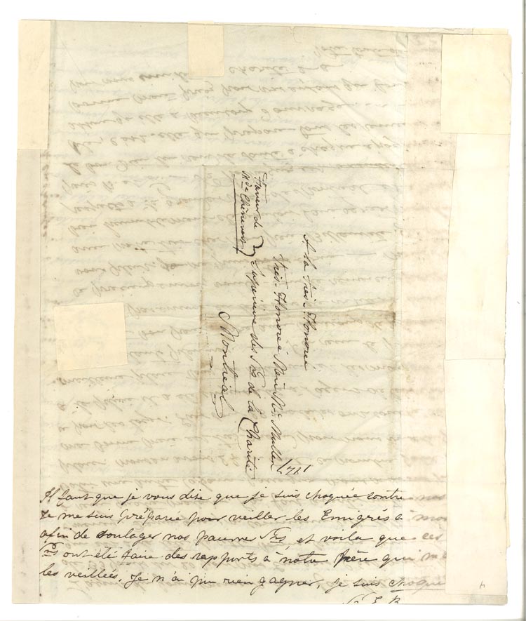 Hand written document in black ink on yellowing paper with cross hatching in the middle.
