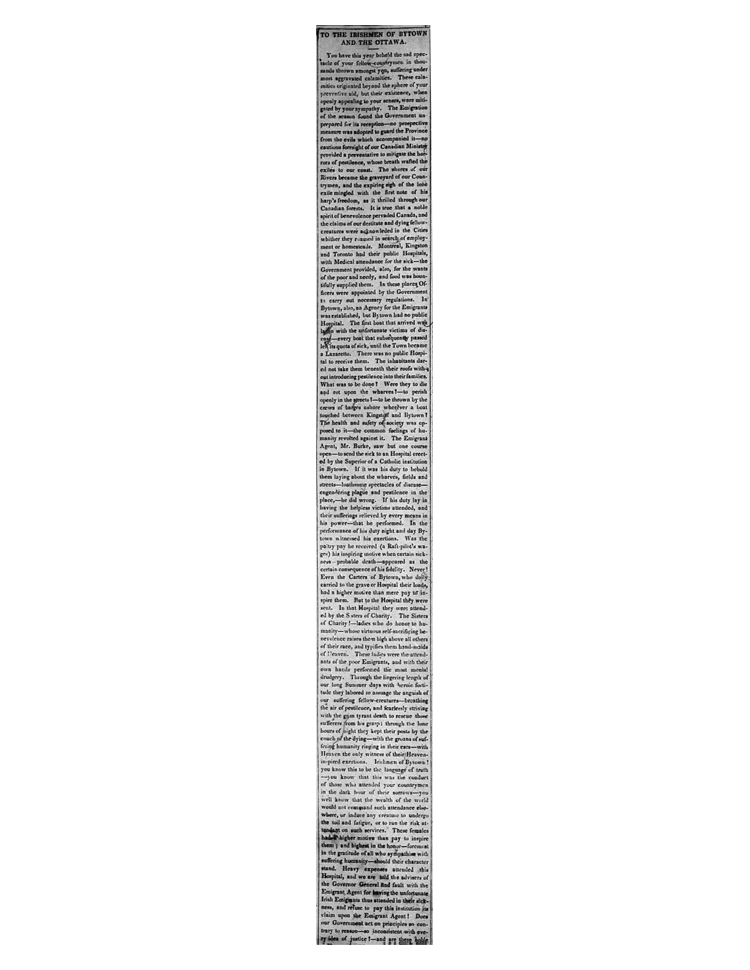 Black and white print newspaper column under heading - To the Irishmen of Bytown and the Ottawa