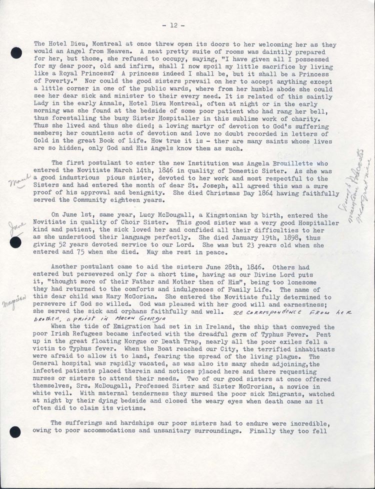 Document dactylographié en noir sur une feuille blanche numérotée de la page 12 et sur laquelle six paragraphes sont rédigés. Des notes manuscrites sont rédigées dans les marges de gauche et de droite.