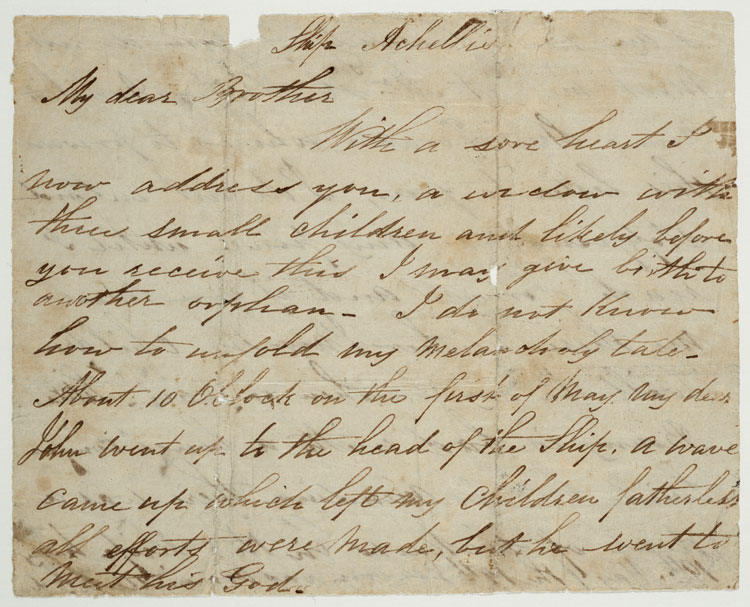 Handwritten letter in black ink on brown and yellowing paper, under heading Ship Achilles.