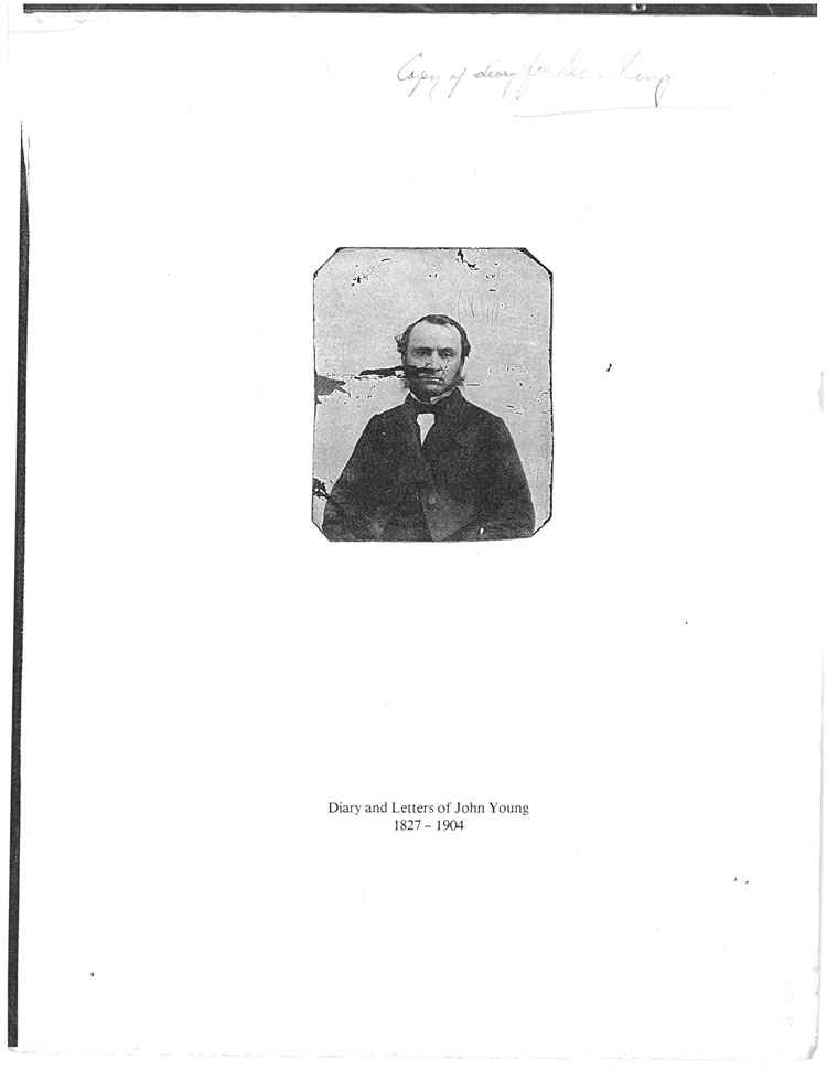 Black and white image of bald man with side burns in center of page, wearing dark jacket, white shirt and bow tie.  Inscription: Diary and Letters of John Young, 1827-1904.