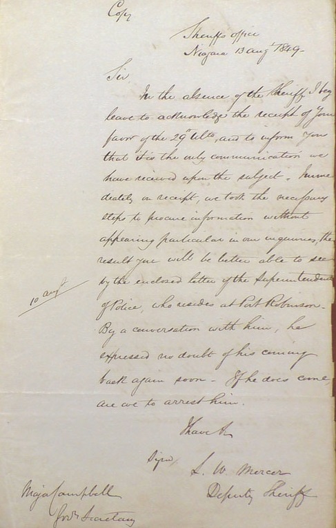 Hand written letter in black ink on browning paper. At top of page copy and Sherrif's Office Niagara 13 Aug 1849 are written.