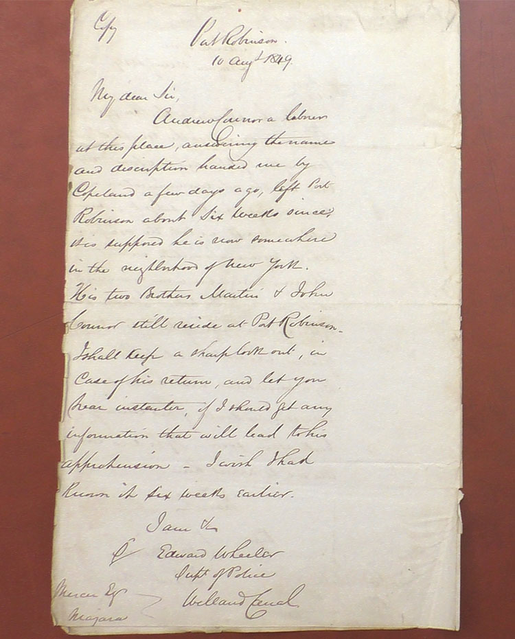 Hand written letter in black ink on browning paper. At top of page copy and Port Robinson 10 Aug 1849 are written.