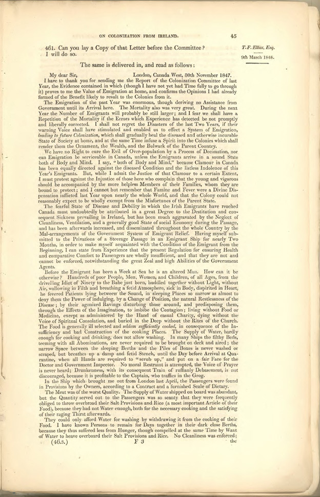 Texte compact et dactylographié à interligne simple, à l’encre noire sur du papier jauni. On peut y lire, dans le coin supérieur droit, la mention suivante : T. F. Elliot, Esq, 9 mars 1848.