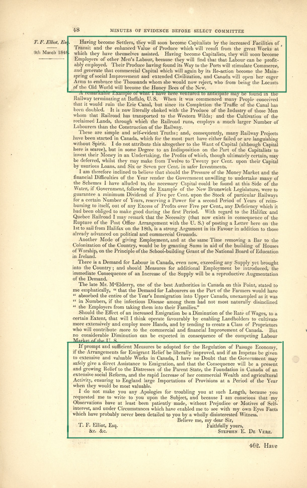 Texte compact et dactylographié à interligne simple, à l’encre noire sur du papier jauni. On peut y lire, dans le coin supérieur droit, la mention suivante : T. F. Elliot, Esq, 9 mars 1848.