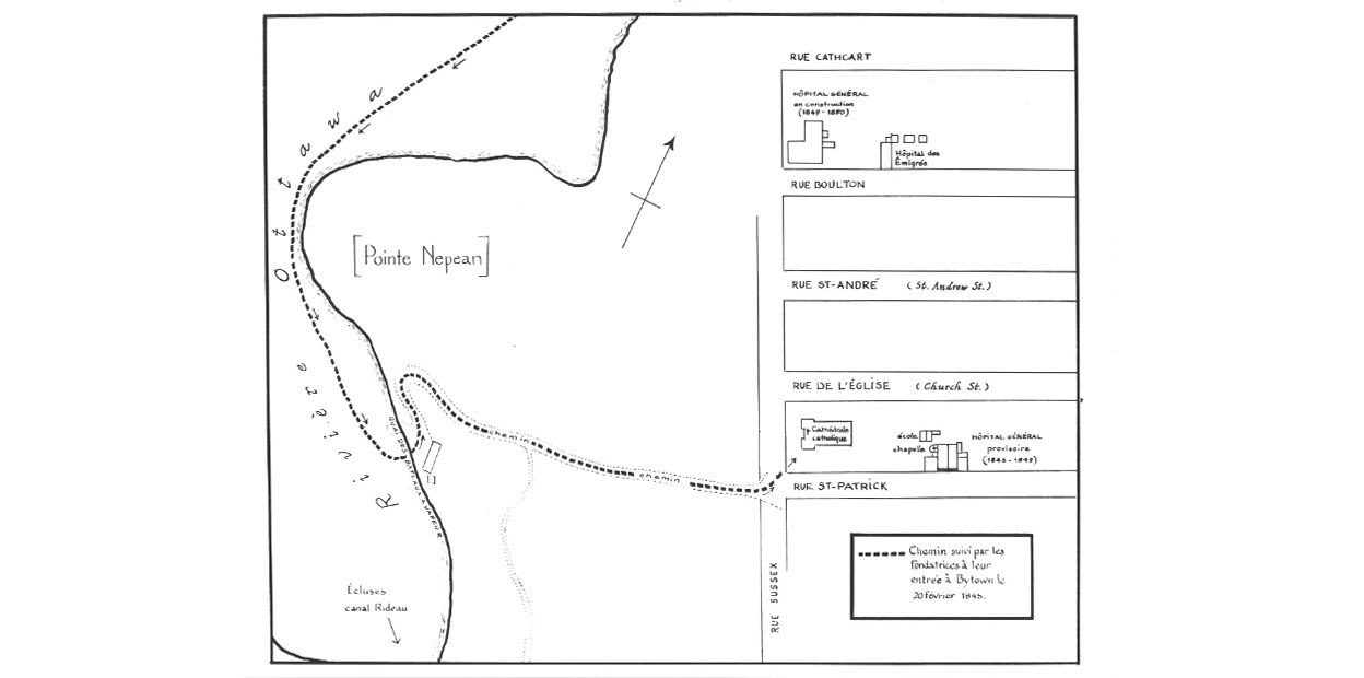 Black and white overhead illustration of street map, with locations of three hospital buildings and church, inland from small peninsula on river.