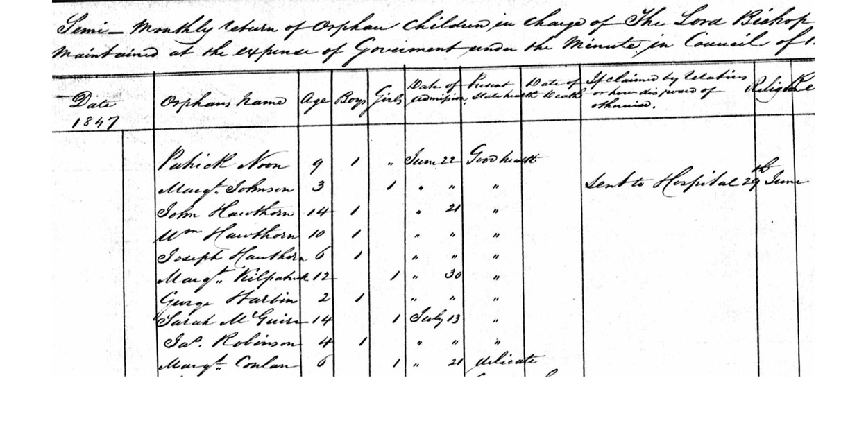 Texte manuscrit, en noir et blanc, sous le titre de « Admissions bimensuelles d’orphelins à la charge de l’Archevêque. » La liste ci-dessous inclut celui de Margaret Conlan, admise à 6 ans le 13 juillet 1837 et d’une santé précaire.