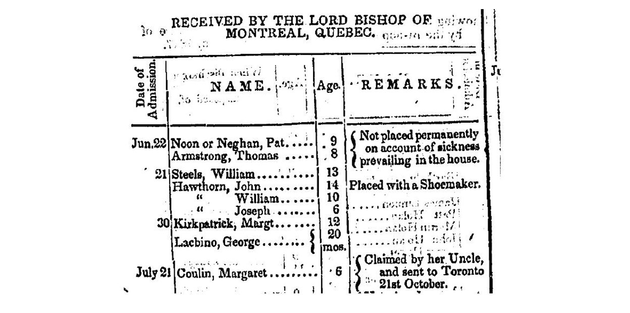 Printed entries in black on white ledger under the heading Received by the Lord Bishop of Montreal with entries for Date of Admission, Name, Age, Remarks. The bottom entry reads: July 21, Coulin, Margaret, 6, Claimed by her uncle and sent to Toronto 21st October.