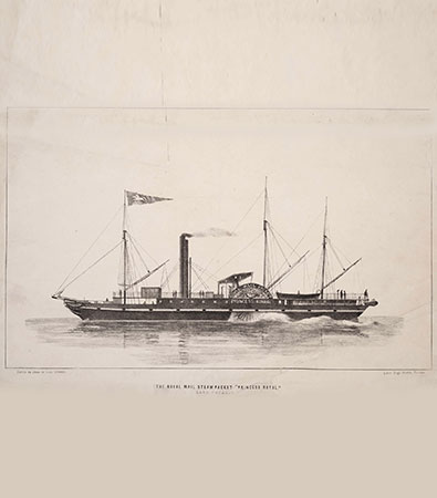 Photograph on yellowing paper of side profile of Steamer with three masts and smoke stack, paddle wheel, and pennant flying in wind, with bow to the left and three people standing near the stern. Inscription beneath image.