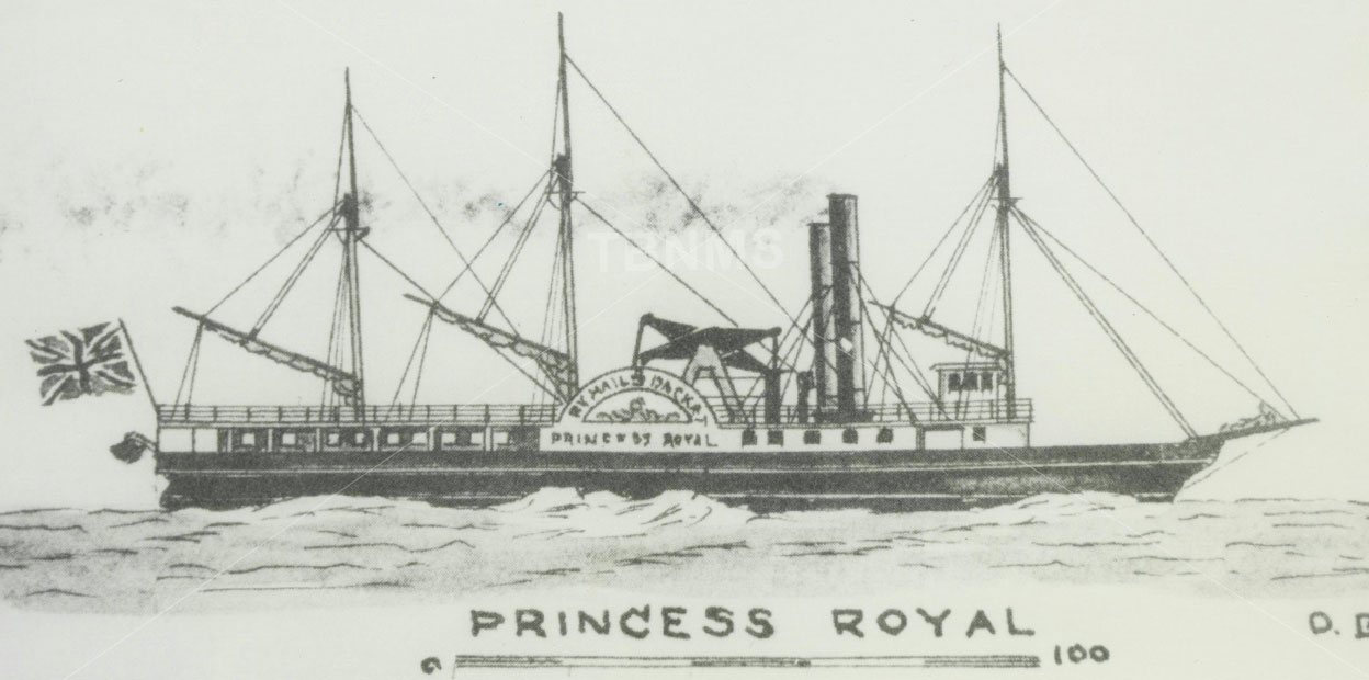 Black and white illustration of three masted steamship viewed in profile on the water, with Mail Packet Princess Royal inscribed on and below its paddle wheel, and a Union Jack fluttering from it stern. Princess Royal is also written at the bottom of the page.