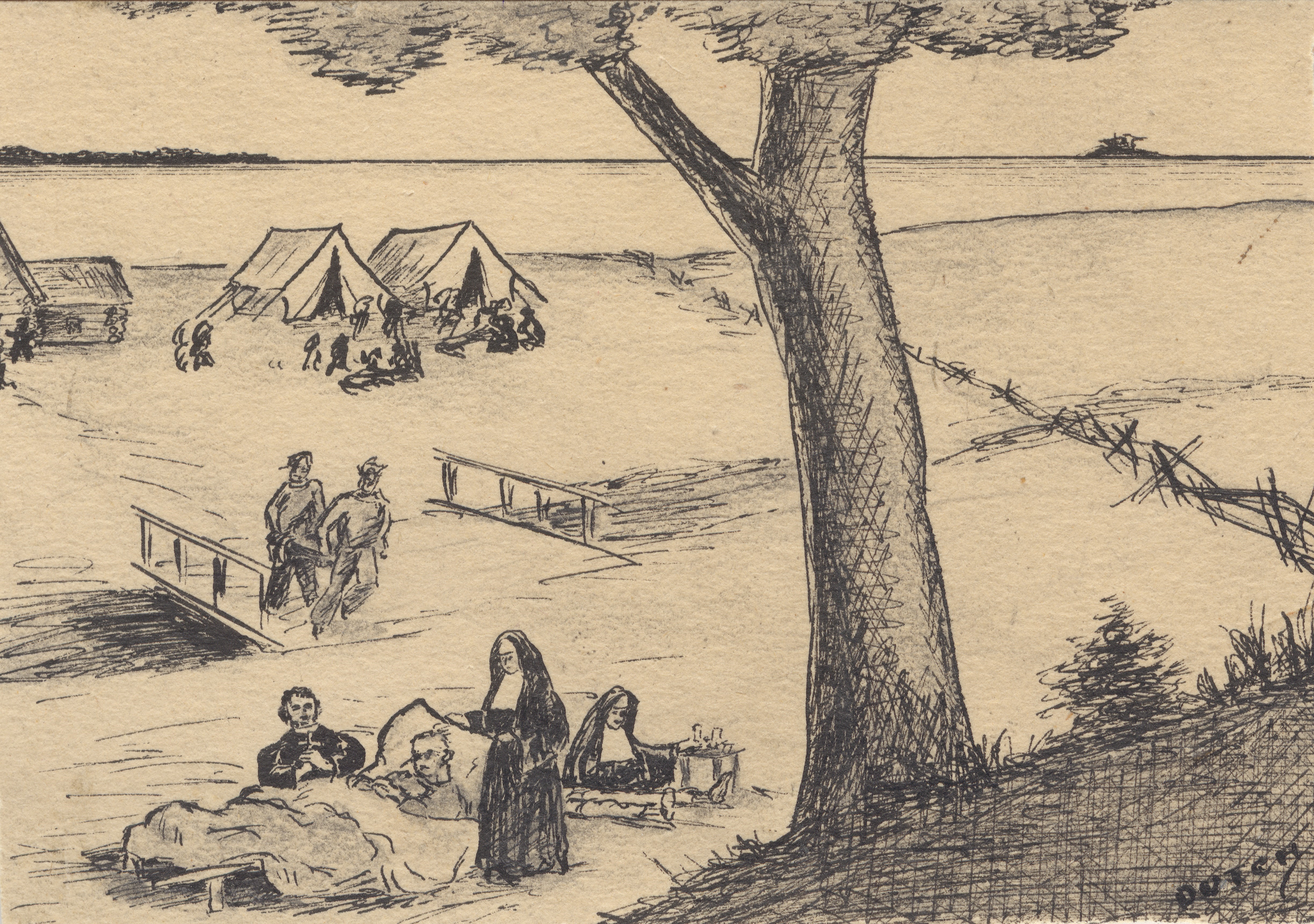 Nun in habit leaning over sick man in bed in open air, priest kneeling at his side, a second nun sitting at a small table preparing medicine, a bridge, tents, and sheds in the background with other people on the shoreline of a large lake. Large tree in foreground.