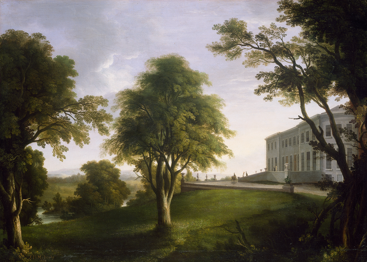 Oil painting of landscape with trees and small lake in foreground, with side profile of a large two storey white house with windows and terrace with urns and sculptures on the right. Cloudy grey skies and rolling hills in background. J.H. Mulcahy 1834 signed in gold colour bottom right.