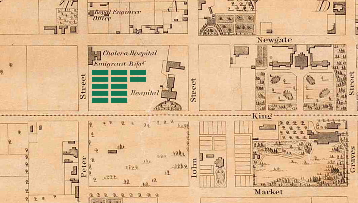 Carte routière où douze rectangles noirs représentent le site des baraques de fortune de la Famine.
