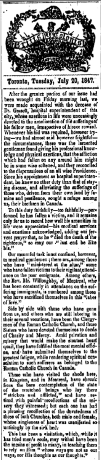 Newspaper Clipping - Obituary for Dr Grasett in British Colonist, 20 July, 1847