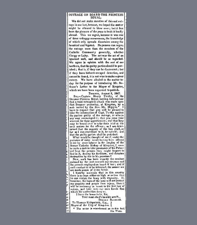 Encadré noir et blanc d’un journal, dont les premiers mots se lisent comme suit : Kingston, 1er août 1847.
