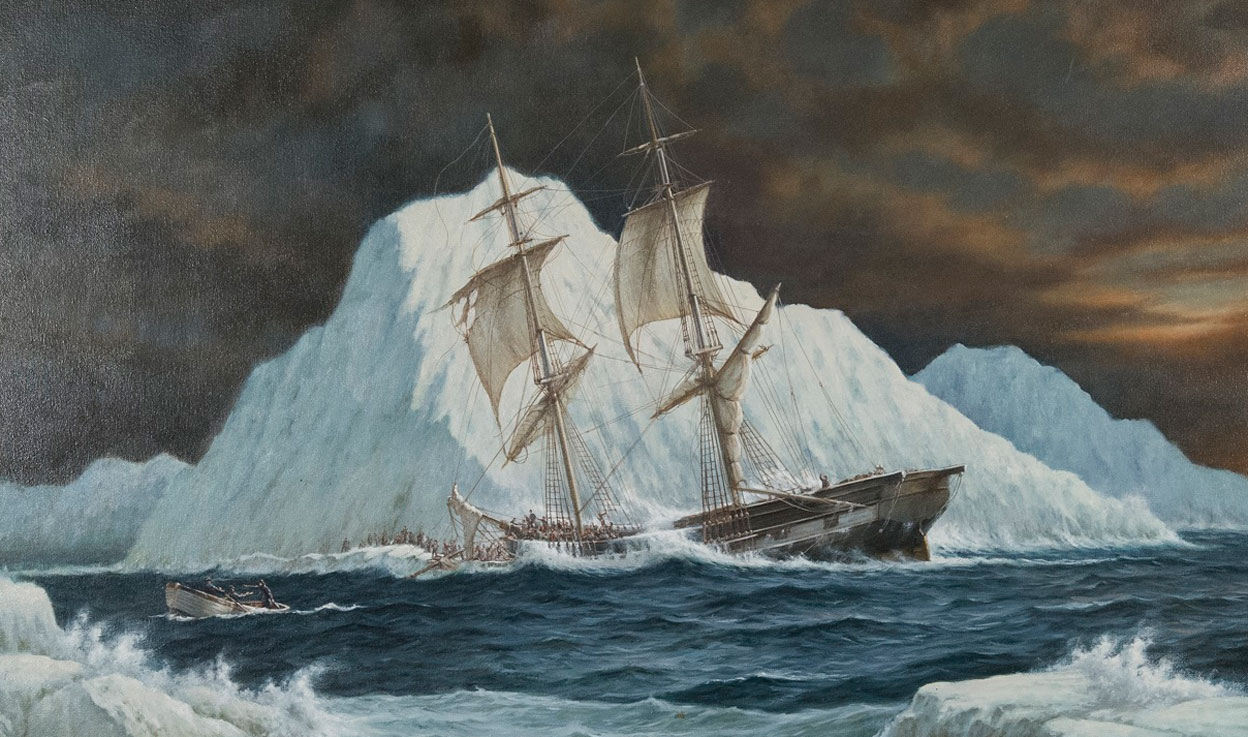 Colour painting of two masted sailing ship with bow stricken on ice berg, and numerous people visible having left ship standing nearby on ice. A lifeboat with one person in it can be seen in the left foreground moving away from the ship in rough seas. Two ice flows in left and right foreground, with stormy sky in background.