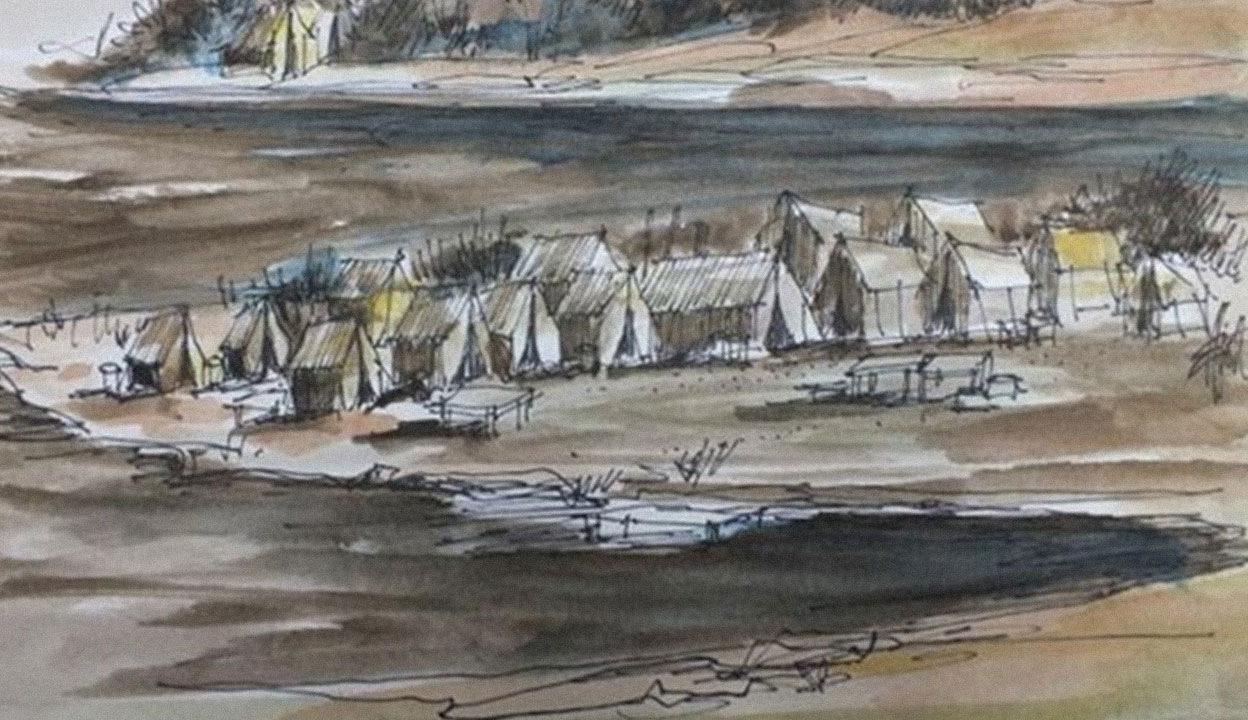 Illustrated painting in colour of hastily erected white tents on small peninsula jutting out from shoreline of marshy lake. One yellow tent and scrubland visible in background.