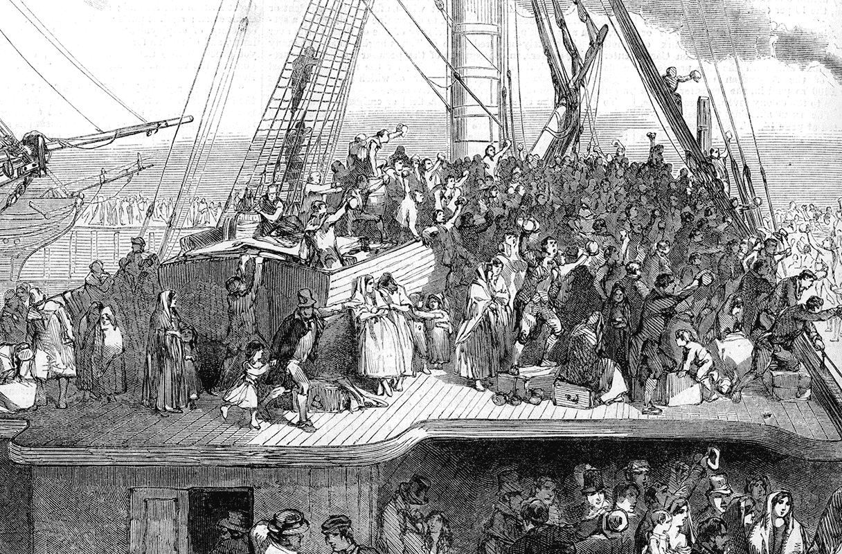 Black and white wood engraving of two upper decks overcrowded with emigrants viewed in the stern of a trans-Atlantic vessel leaving port, with large crowd waving on dock and smokestack in the background.